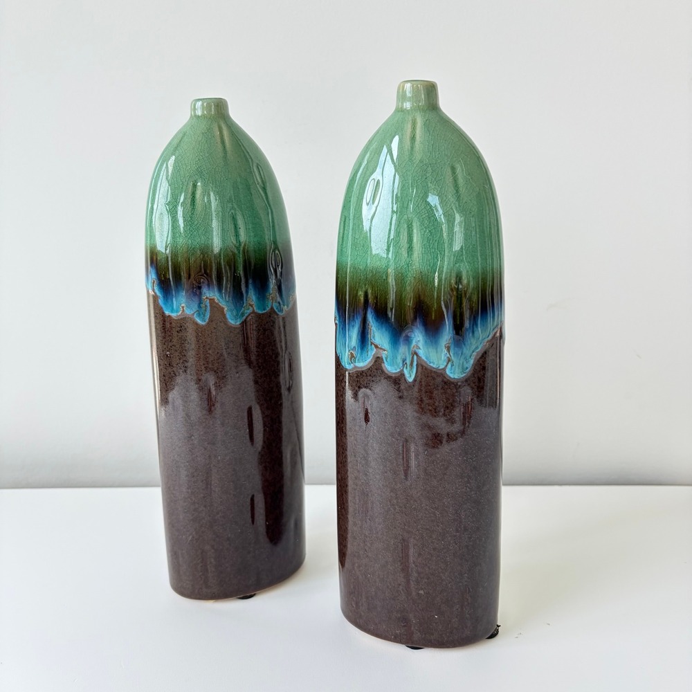Hostess Potteries Drip Glaze Ceramic Bud Vase Set 2 Green Brown Blue 10.5" 2005 - Picture 6 of 9
